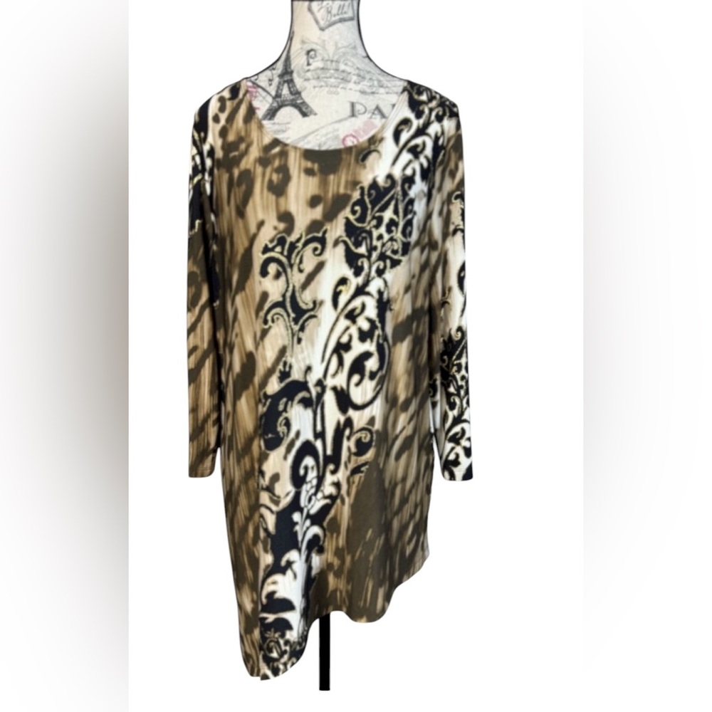 Chico’s Travelers Asymmetrical Tunic Top Animal Baroque Print Size 2 (Large)